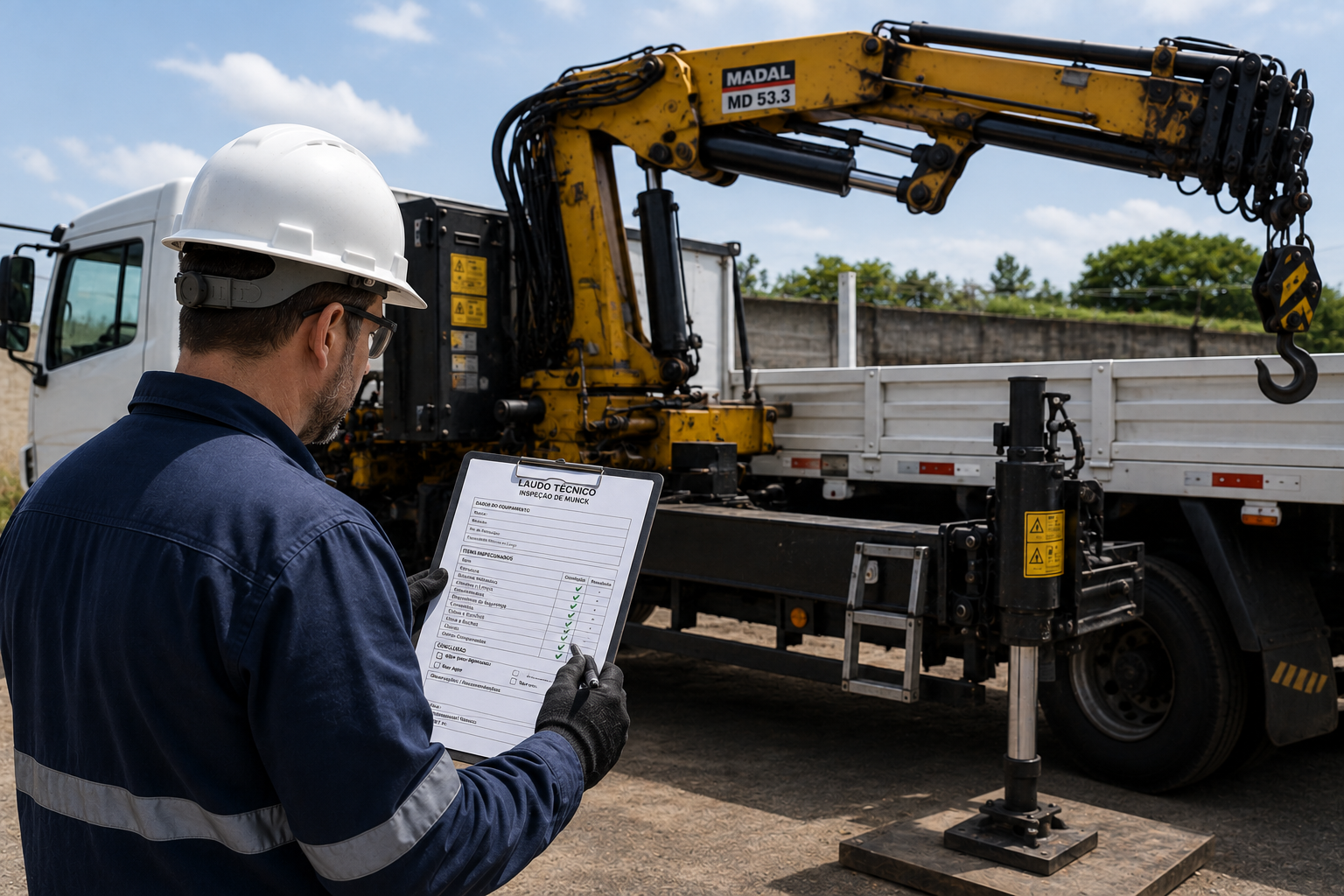 Inspeção Técnica em Munck A inspeção técnica do Munck avalia a estrutura, o sistema hidráulico, os dispositivos de segurança e os componentes críticos para verificar a integridade do equipamento, identificar falhas e fornecer embasamento técnico para a emissão do laudo