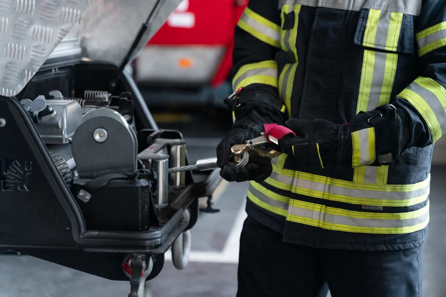Inspeção e preparação de equipamento mecânico de tração com motor auxiliar, frequentemente acoplado a sistemas hidráulicos e de bombeamento injetor.