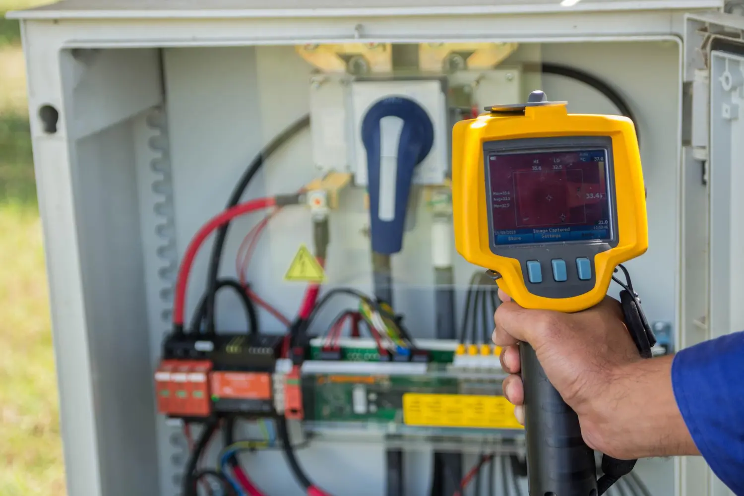 Inspeção em quadro elétrico de campo utilizando câmera infravermelha para detectar pontos quentes ocultos. O termografista aplica os fundamentos do Nível I para identificar falhas em bornes, seccionadoras e conectores submetidos à intempérie.