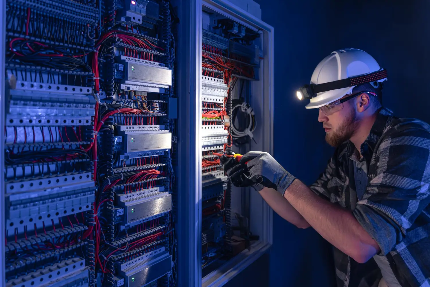 Inspeção noturna em sistema de distribuição elétrica: análise visual, teste funcional e verificação de integridade dos barramentos de média tensão.
