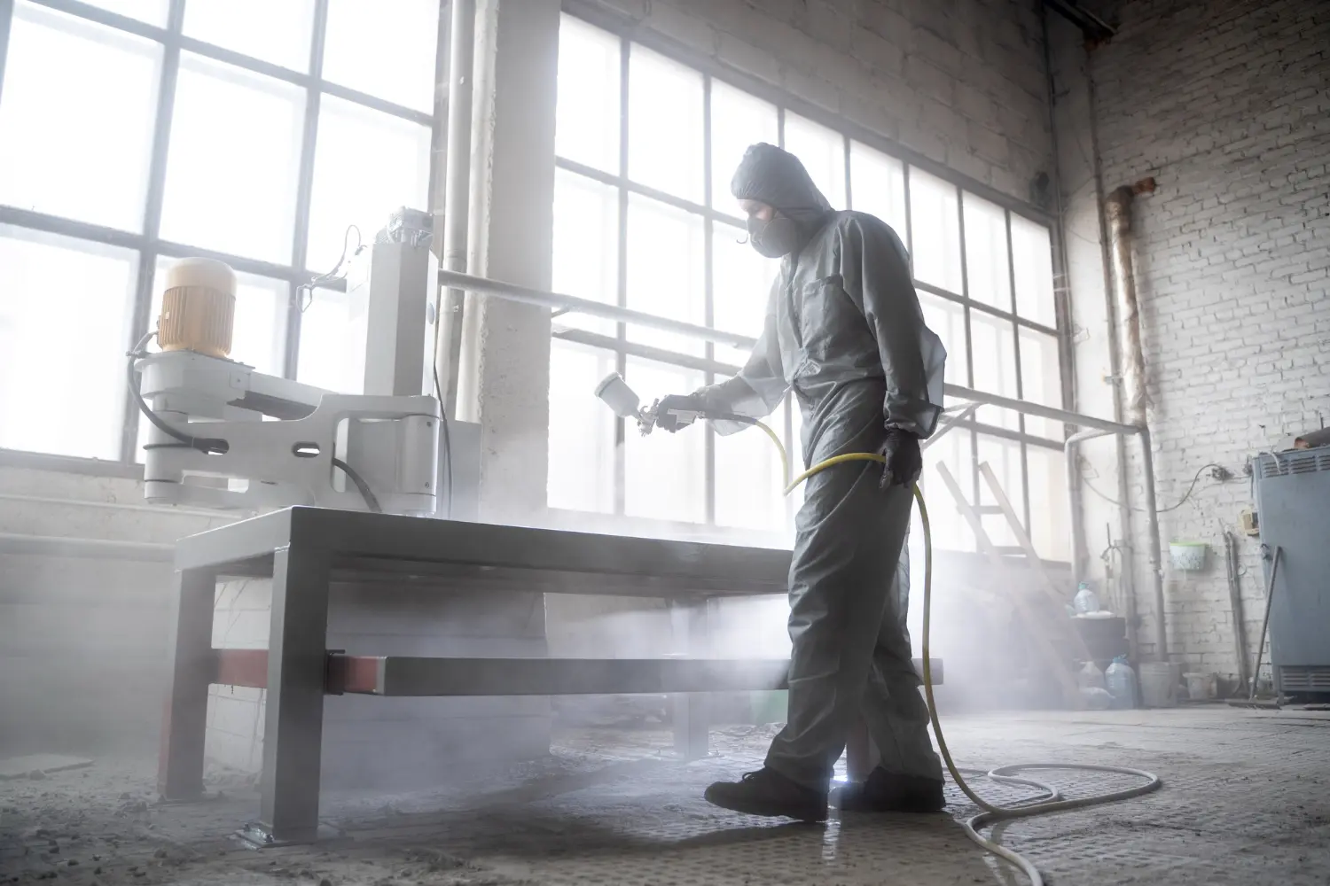 Técnico realiza pintura industrial em estrutura de aço galvanizado utilizando sistema airless. A NBR 16733 exige controle de névoa, aderência e espessura mínima da película para assegurar proteção anticorrosiva eficaz.