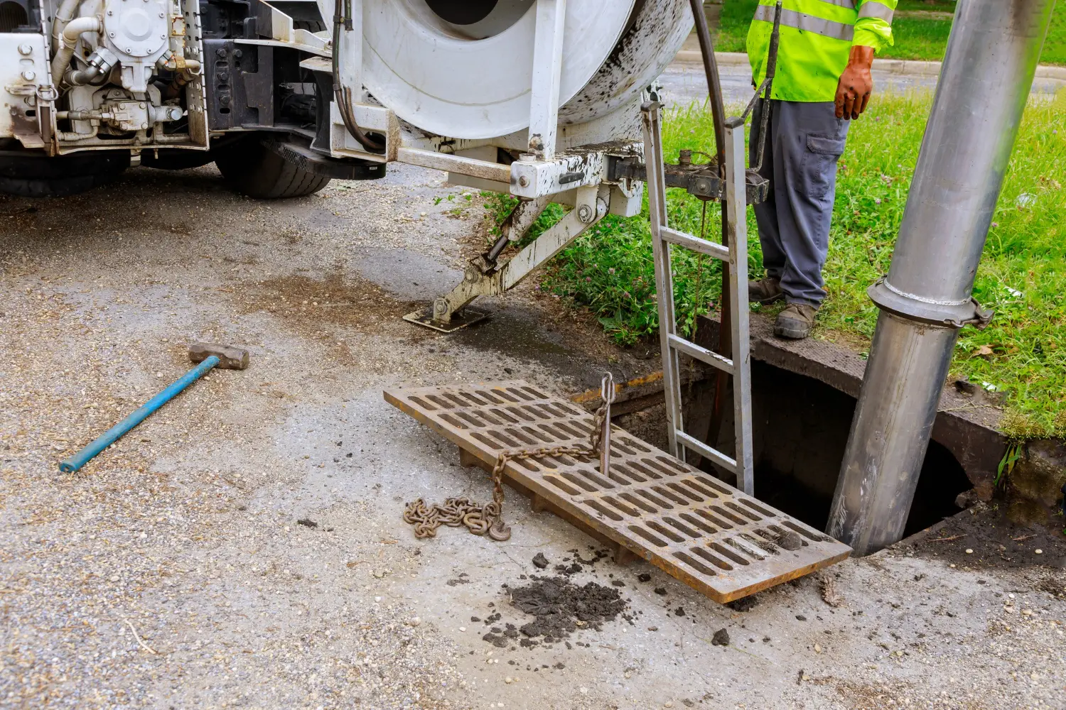 Técnico realiza sucção de resíduos em rede pluvial com uso de mangote de alta pressão e escoramento mecânico