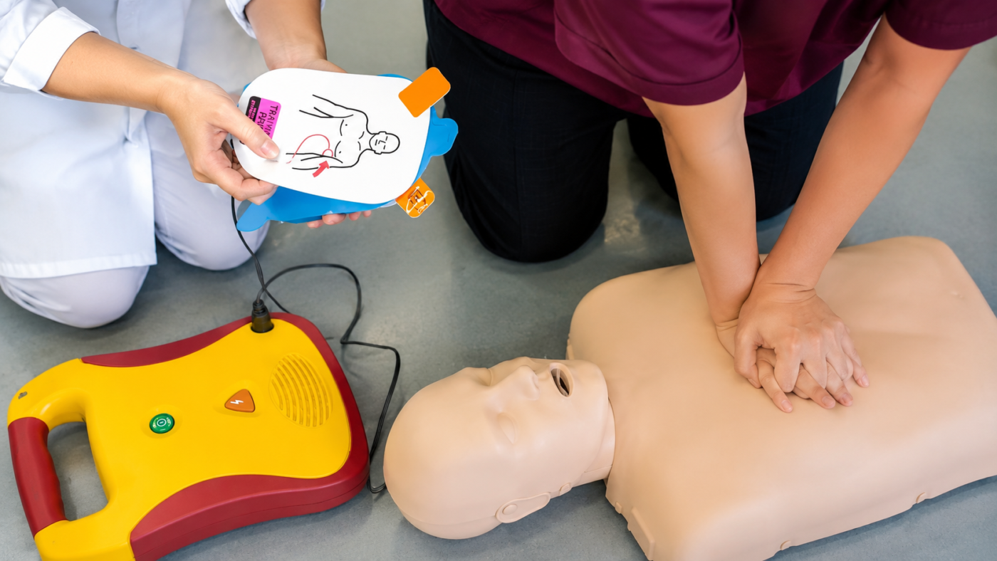 Treinamento prático de Ressuscitação Cardiopulmonar (RCP) com uso do Desfibrilador Externo Automático (DEA), desenvolvendo habilidades essenciais para reconhecer uma parada cardiorrespiratória e iniciar um atendimento rápido, seguro e eficiente.