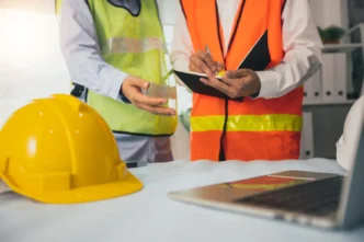 Engenheiro e auditor escrevendo anotações durante auditoria de segurança do trabalho