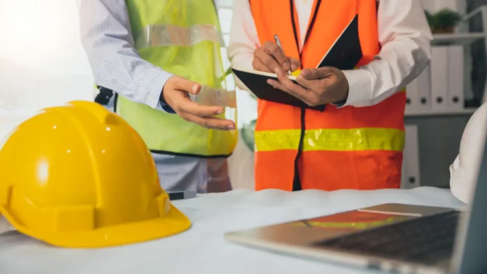 Engenheiro e auditor escrevendo anotações durante auditoria de segurança do trabalho