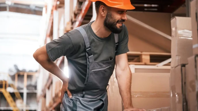 Operário com dor nas costas em fábrica devido a riscos ocupacionais relatados em laudo ergonômico