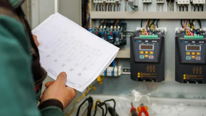 Engenheiro eletricista verificando sistema elétrico enquanto faz um laudo elétrico das instalações