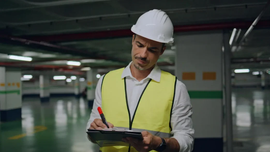 Profissional de engenharia usa equipamentos de segurança enquanto faz laudos técnicos, perícias e consultorias