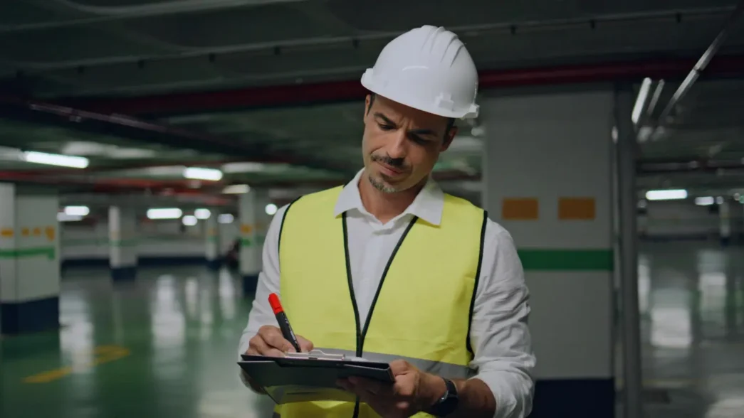 Profissional de engenharia usa equipamentos de segurança enquanto faz laudos técnicos, perícias e consultorias