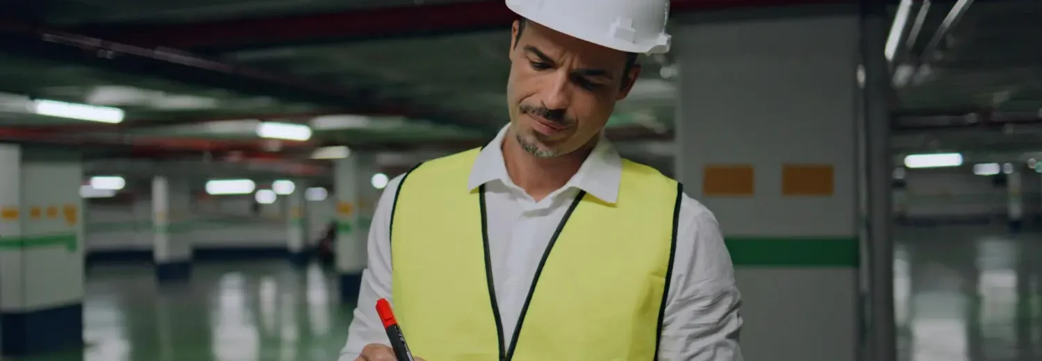 Profissional de engenharia usa equipamentos de segurança enquanto faz laudos técnicos, perícias e consultorias
