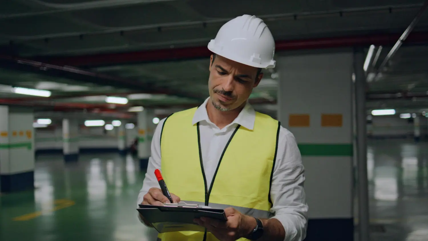 Profissional de engenharia usa equipamentos de segurança enquanto faz laudos técnicos, perícias e consultorias