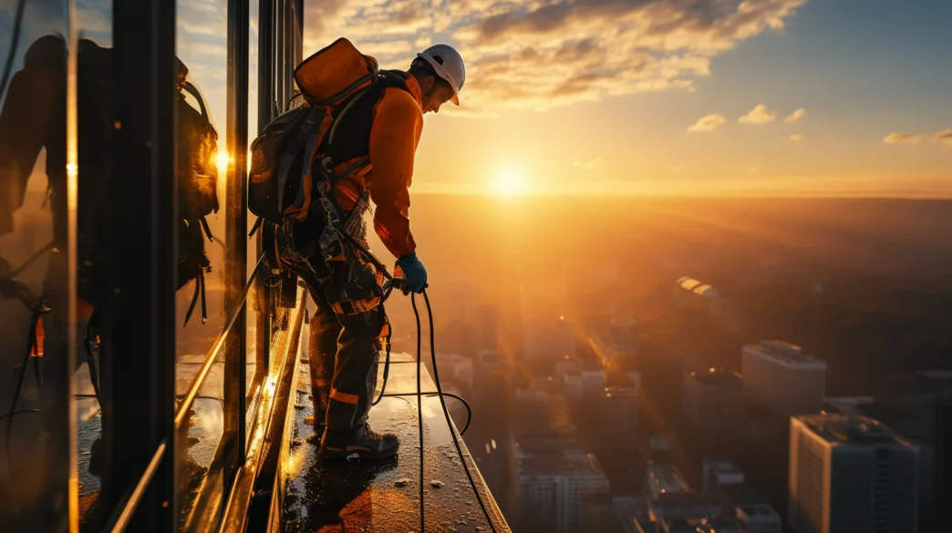 Trabalhador realiza atividade em altura, onde instruções imprecisas comprometem diretamente a prevenção de quedas.