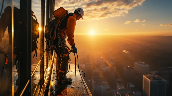 Trabalhador realiza atividade em altura, onde instruções imprecisas comprometem diretamente a prevenção de quedas.