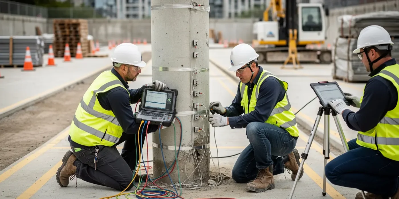 Engenheiros civis e geotécnicos realizam a instalação de acelerômetros e sensores de deformação em estaca de concreto, conectados ao sistema PDA, em canteiro de obras organizado, com uso completo de EPIs e foco em precisão técnica.