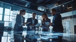 A compliance-focused team reviews technical information and operational data, reinforcing the NR approach that safety training must be connected to real risk management, documented evidence, and decision-making aligned with the company’s GRO/PGR obligations.