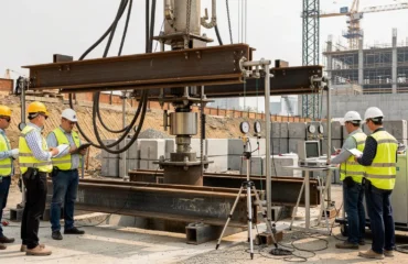 Engenheiros realizam o controle das cargas aplicadas e dos recalques medidos, utilizando computadores, planilhas e equipamentos de aquisição de dados, assegurando rastreabilidade, precisão e conformidade normativa.