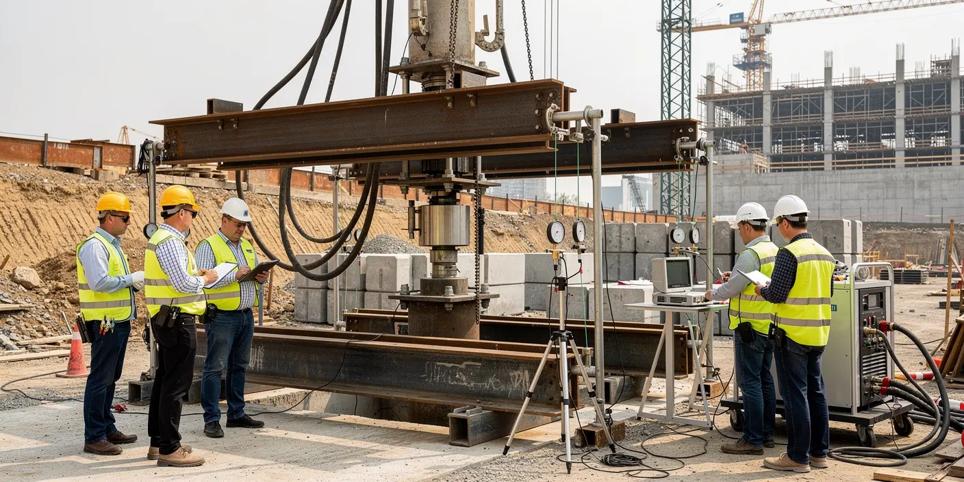 1 Engenheiros realizam o controle das cargas aplicadas e dos recalques medidos, utilizando computadores, planilhas e equipamentos de aquisição de dados, assegurando rastreabilidade, precisão e conformidade normativa.