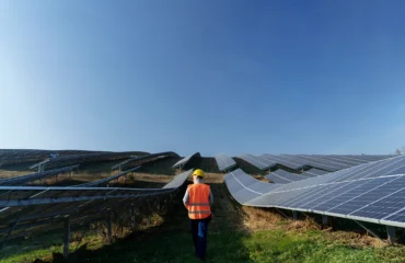1 Técnico equipado com capacete e colete refletivo caminha entre fileiras de painéis solares, realizando inspeção visual em campo.