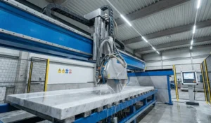 Vista lateral com destaque para o painel CNC com LCD em Serra Ponte, comandos de operação e botão de emergência (E-Stop), indicando controle centralizado e interface homem-máquina para programação e execução do ciclo.