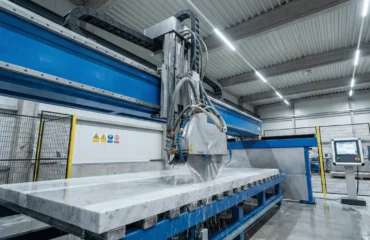 1 Vista lateral com destaque para o painel CNC com LCD em Serra Ponte, comandos de operação e botão de emergência (E-Stop), indicando controle centralizado e interface homem-máquina para programação e execução do ciclo.