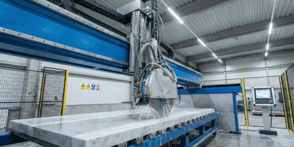 Vista lateral com destaque para o painel CNC com LCD em Serra Ponte, comandos de operação e botão de emergência (E-Stop), indicando controle centralizado e interface homem-máquina para programação e execução do ciclo.