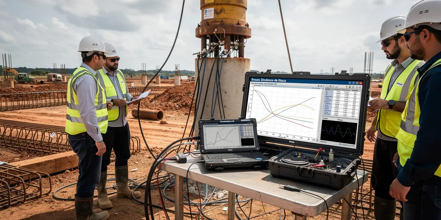 Equipe técnica acompanha o ensaio dinâmico com aplicação de energia por sistema de impacto, monitorando em tempo real os gráficos de força e velocidade no equipamento PDA, em obra de grande porte com infraestrutura em desenvolvimento.