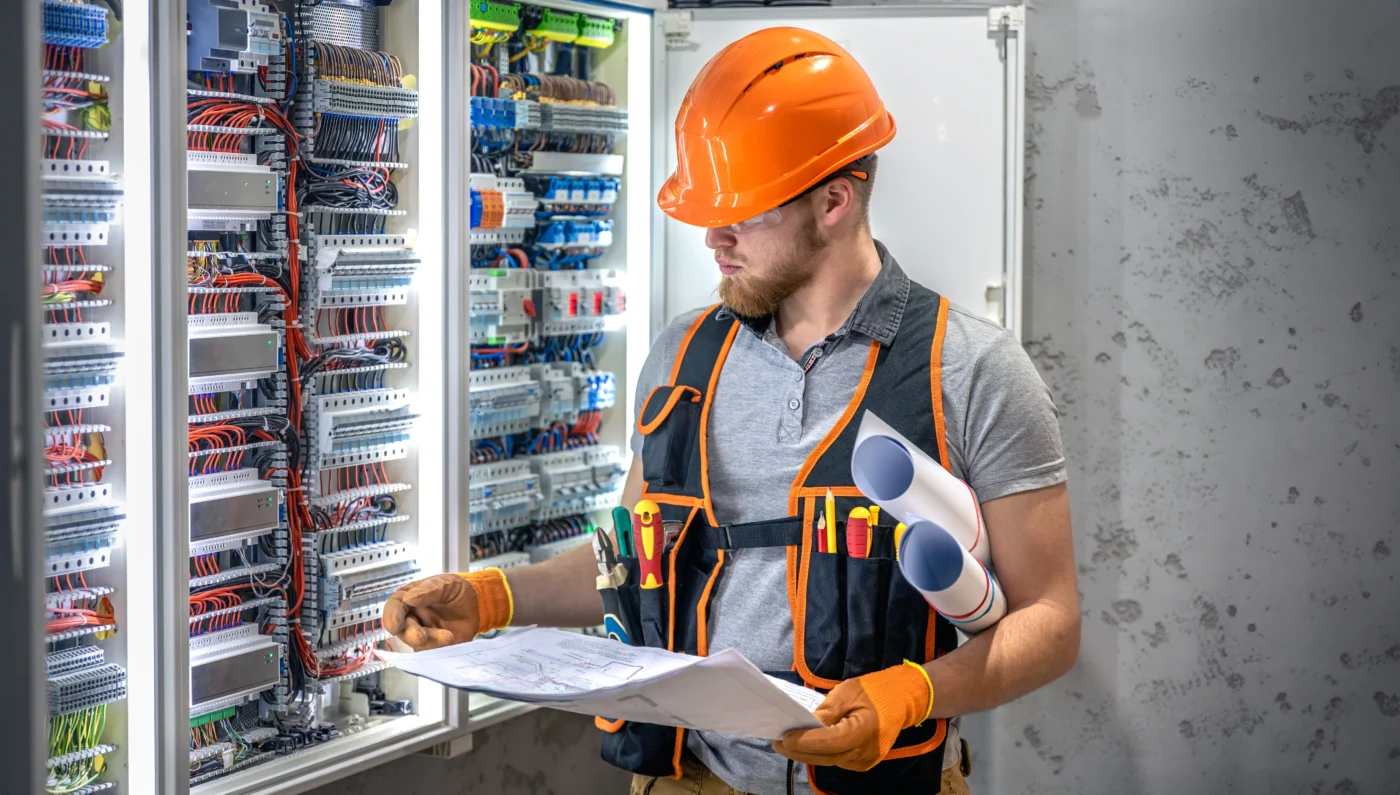 A technician inspects an electrical control panel while reviewing technical drawings, reflecting NR-10 planning and procedural compliance.
