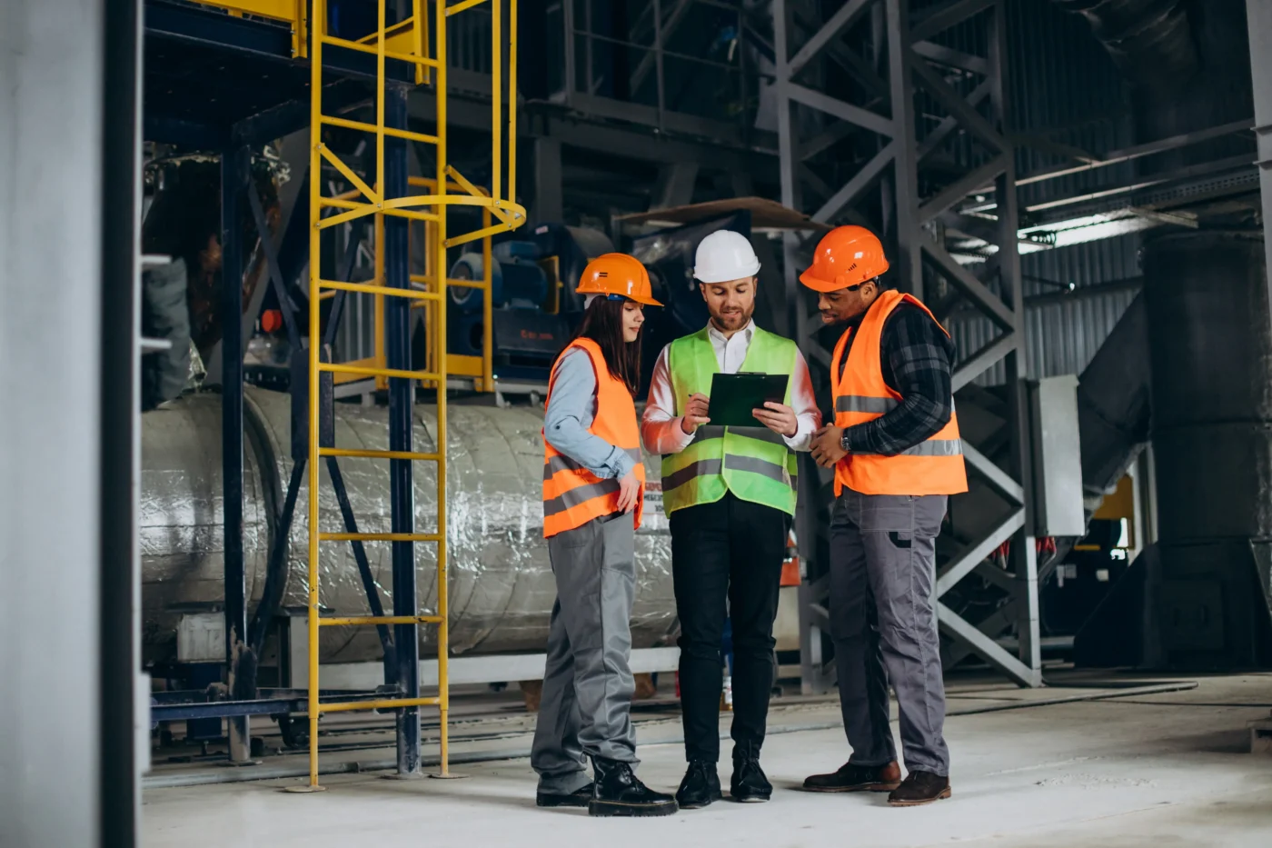 A multicultural team in an industrial setting reviews procedures and technical documentation on site. The interaction emphasizes the need for accessible language and real comprehension of instructions to ensure compliance with NR requirements.