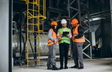 2 (2) A multicultural team in an industrial setting reviews procedures and technical documentation on site. The interaction emphasizes the need for accessible language and real comprehension of instructions to ensure compliance with NR requirements.
