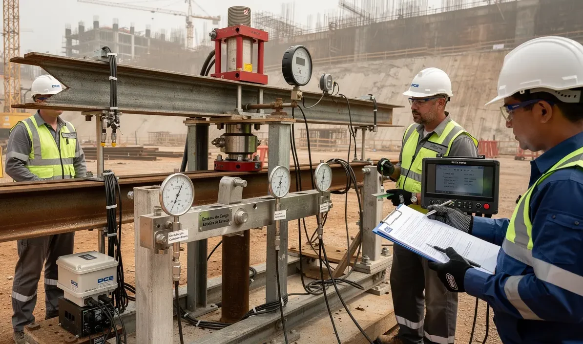 Profissionais avaliam os resultados preliminares diretamente no canteiro, conferindo leituras, preenchendo registros técnicos e validando a estabilidade do sistema de ensaio sob supervisão especializada.