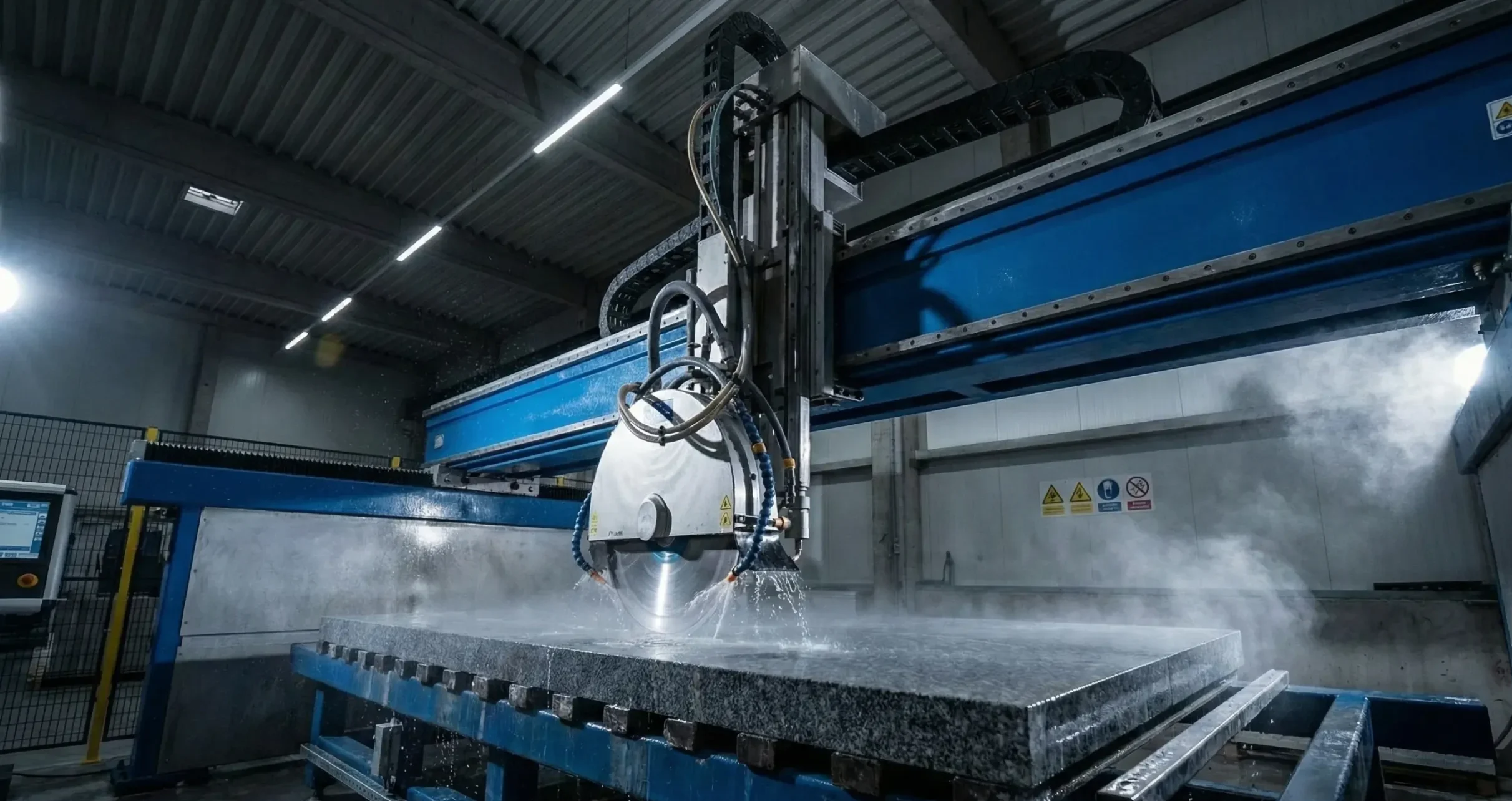 Operação de corte em chapa de granito com spray d’água em Serra Ponte, evidenciando zona de corte ativa, geração de névoa e movimentação do cabeçote no eixo Z.