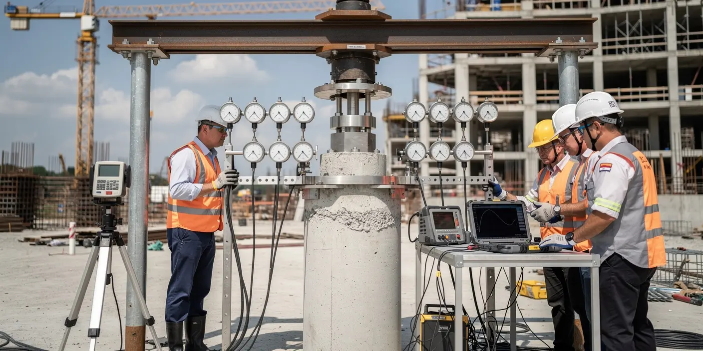 Estrutura metálica de reação instalada sobre a estaca, com macaco hidráulico central, múltiplos relógios comparadores e sistema eletrônico de medição, enquanto a equipe técnica acompanha o desempenho da fundação em tempo real.