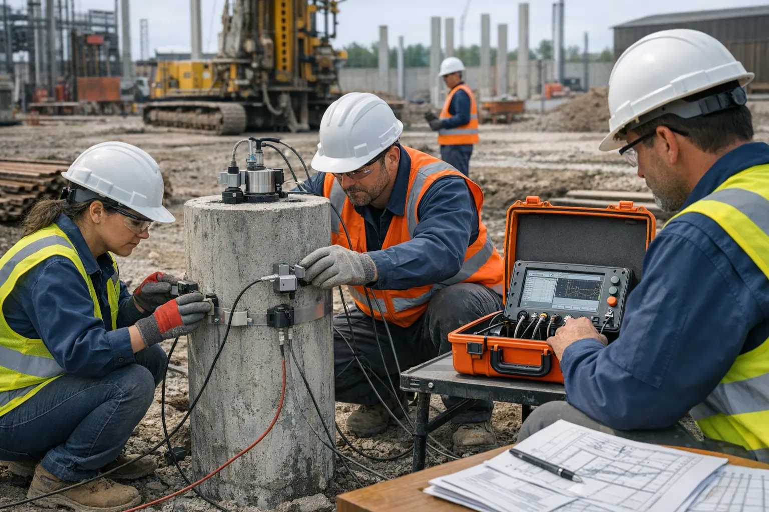 Engenheiro analisa resultados CAPWAP® em ambiente de escritório técnico, com gráficos de carga e recalque no computador, relatórios impressos, ART e projetos estruturais, evidenciando conformidade normativa e rigor profissional.