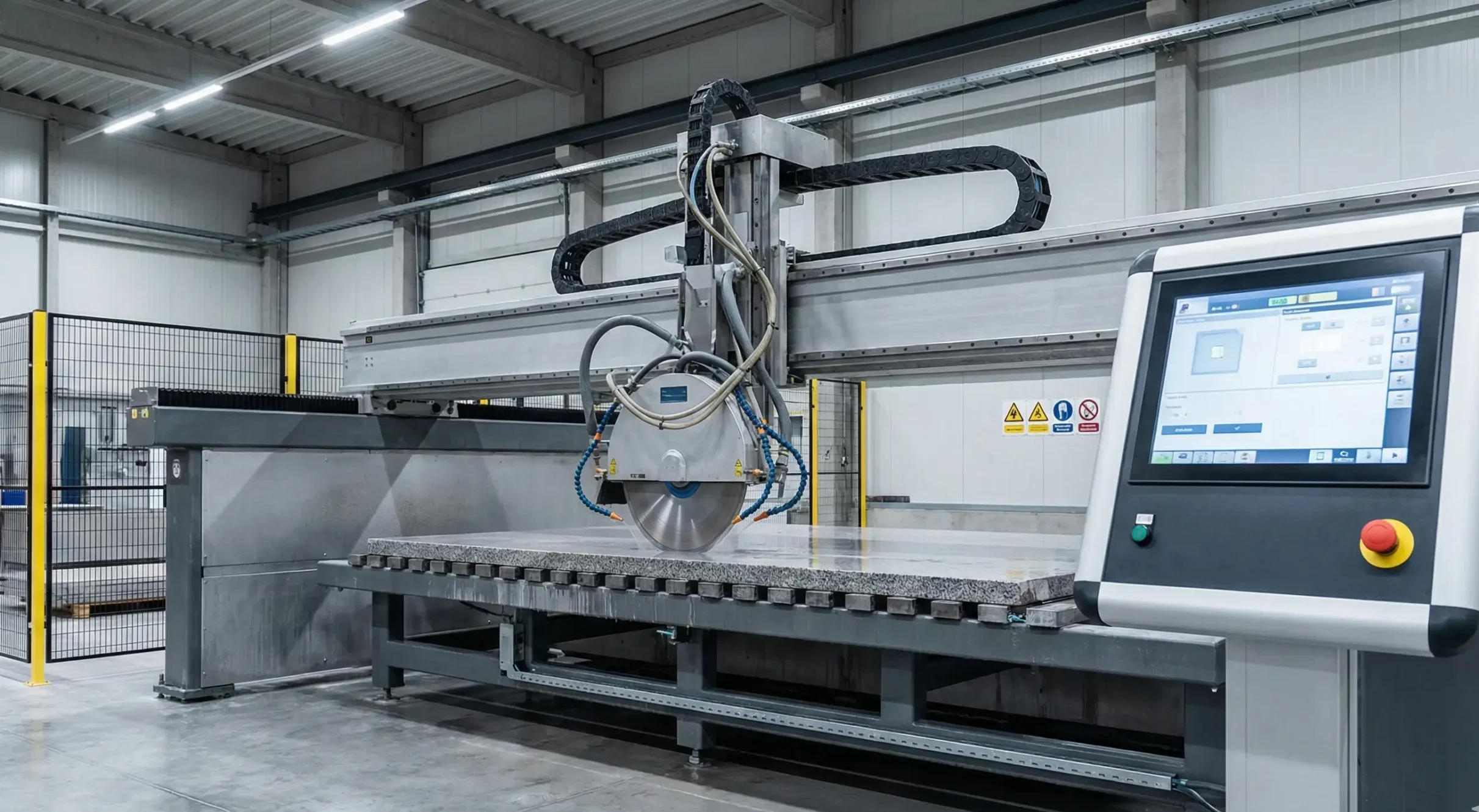 Vista frontal ampla do equipamento com mesa de apoio e sistema de fixação em Serra Ponte, com cabeçote posicionado para corte/ajuste, e área segregada por grades de proteção perimetral.