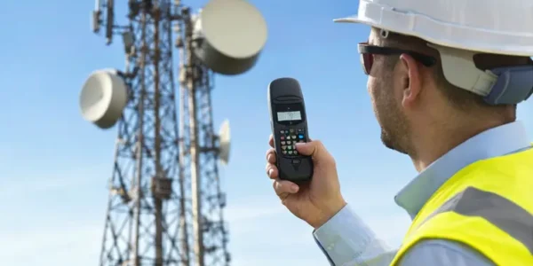 Profissional realizando medição de campo próximo a antenas e enlaces de telecomunicações. A cena representa avaliação de exposição a radiofrequência, típica de inspeções em áreas com emissores de RF e micro-ondas.