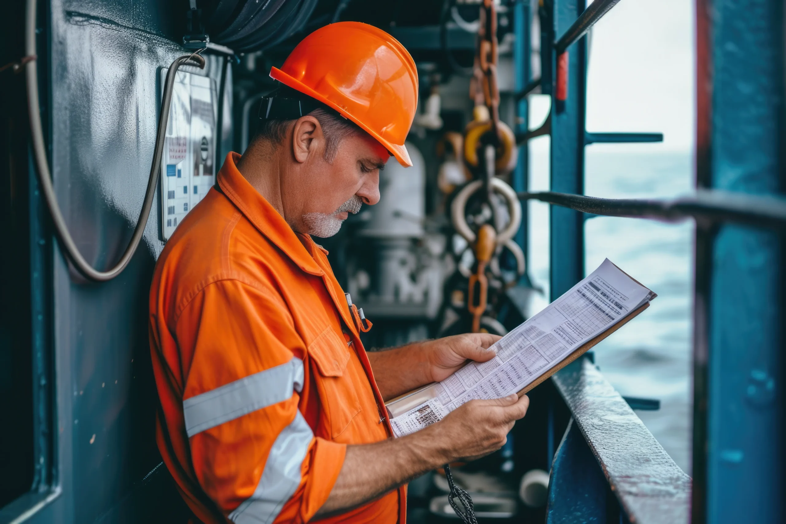 Inspetor analisa checklist e registros técnicos em área operacional, validando dados de inspeção, condições estruturais dos componentes e conformidade documental antes da liberação do equipamento.