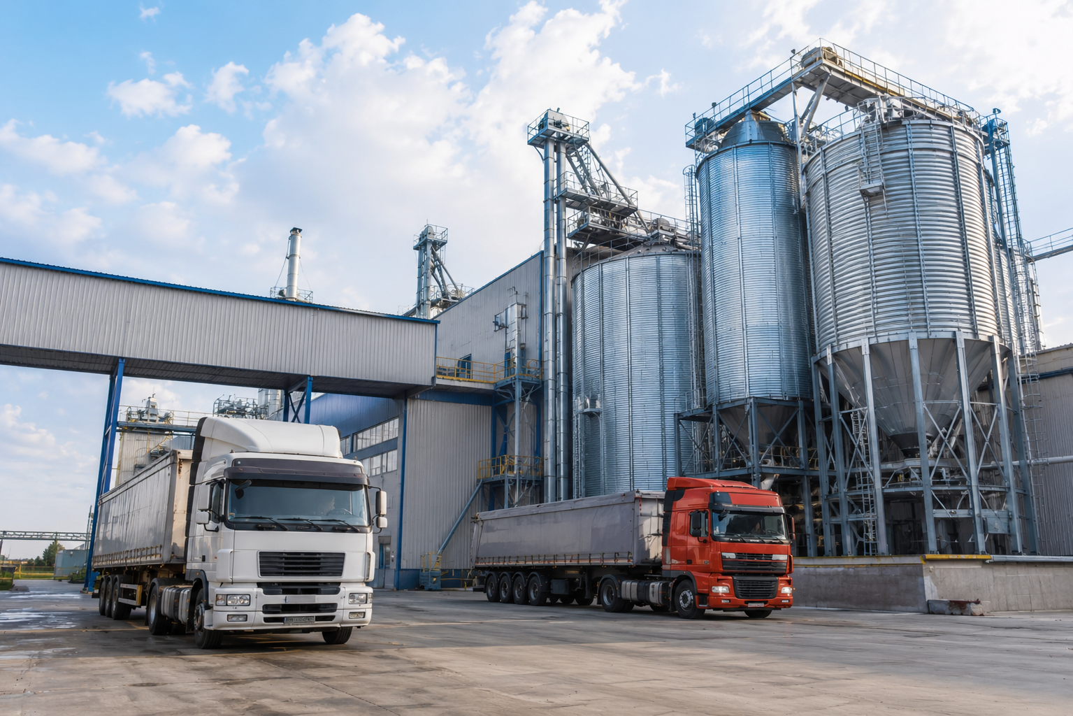 edficação de silos Área logística com silos metálicos, passarelas e caminhões em operação, destacando a integração entre estrutura, transporte e carregamento.