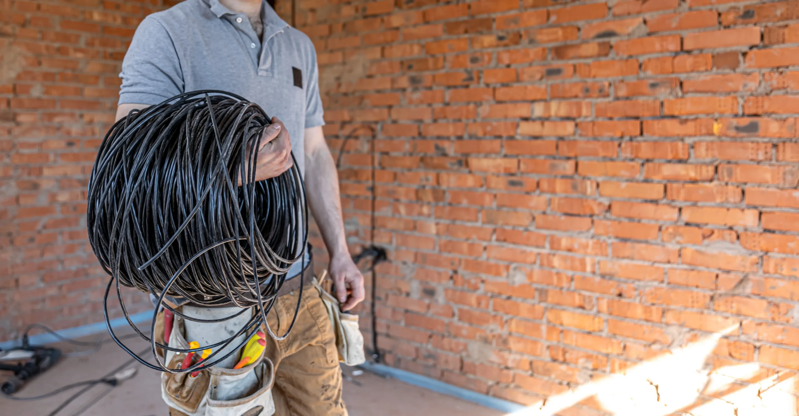 An electrician on a construction site, handling cables and using a tool belt, during building installation work, highlighting the need for training in accordance with NR-10 (Brazilian Regulatory Standard 10), risk analysis, and operational control to ensure safety and compliance with regulations.