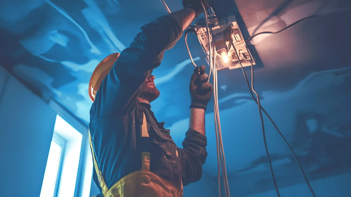 L’operatore esegue un intervento su un punto luce in quota, con accesso diretto all’impianto elettrico, utilizzando DPI e strumenti isolati, in uno scenario che richiede rigoroso controllo del rischio e conformità alla NR-10.