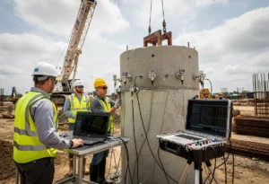 Execução de ensaio PDA em estaca de grande diâmetro com instrumentação completa. Sensores acelerômetros e transdutores de deformação instalados no topo da estaca, conectados ao sistema de aquisição de dados. Equipe técnica monitorando os parâmetros de força e velocidade em tempo real através de equipamentos portáteis de alta precisão.