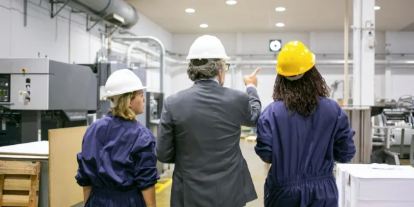 male-engineer-female-factory-employees-hardhats-walking-plant-floor-talking-man-pointing-equipment-instructing-women Treinamento de NRs em ambiente industrial com orientação técnica, supervisão operacional e aplicação prática de segurança.
