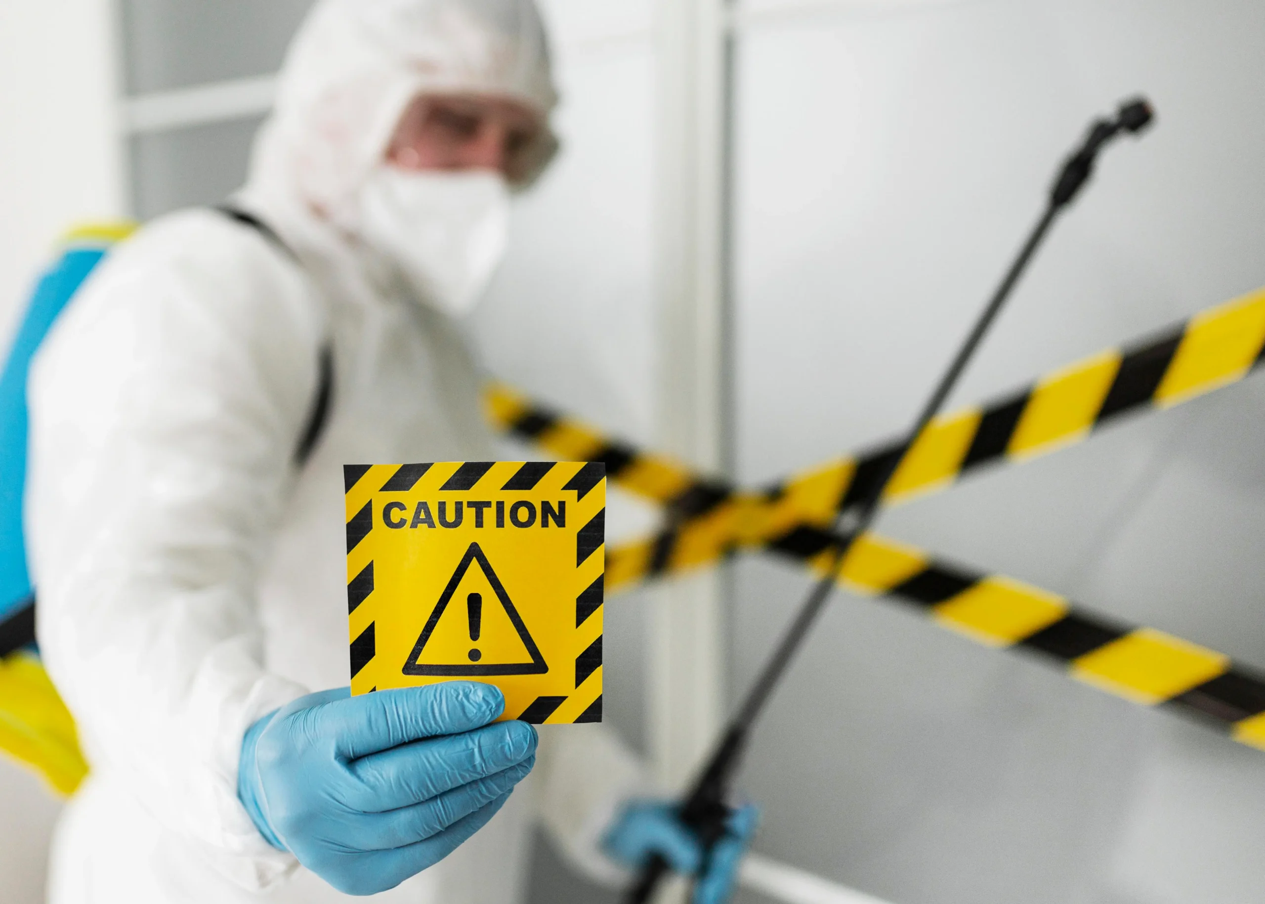 Profissional aplicando isolamento com fita de segurança e sinalização de advertência. A imagem reforça a necessidade de delimitação de área, sinalização preventiva e controle de circulação em locais com fontes emissoras e exposição potencial.