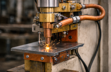 1 Ponteadeira de solda por resistência em operação, com eletrodo aplicando corrente sobre chapa metálica. Observa-se formação térmica localizada e alinhamento mecânico do conjunto.