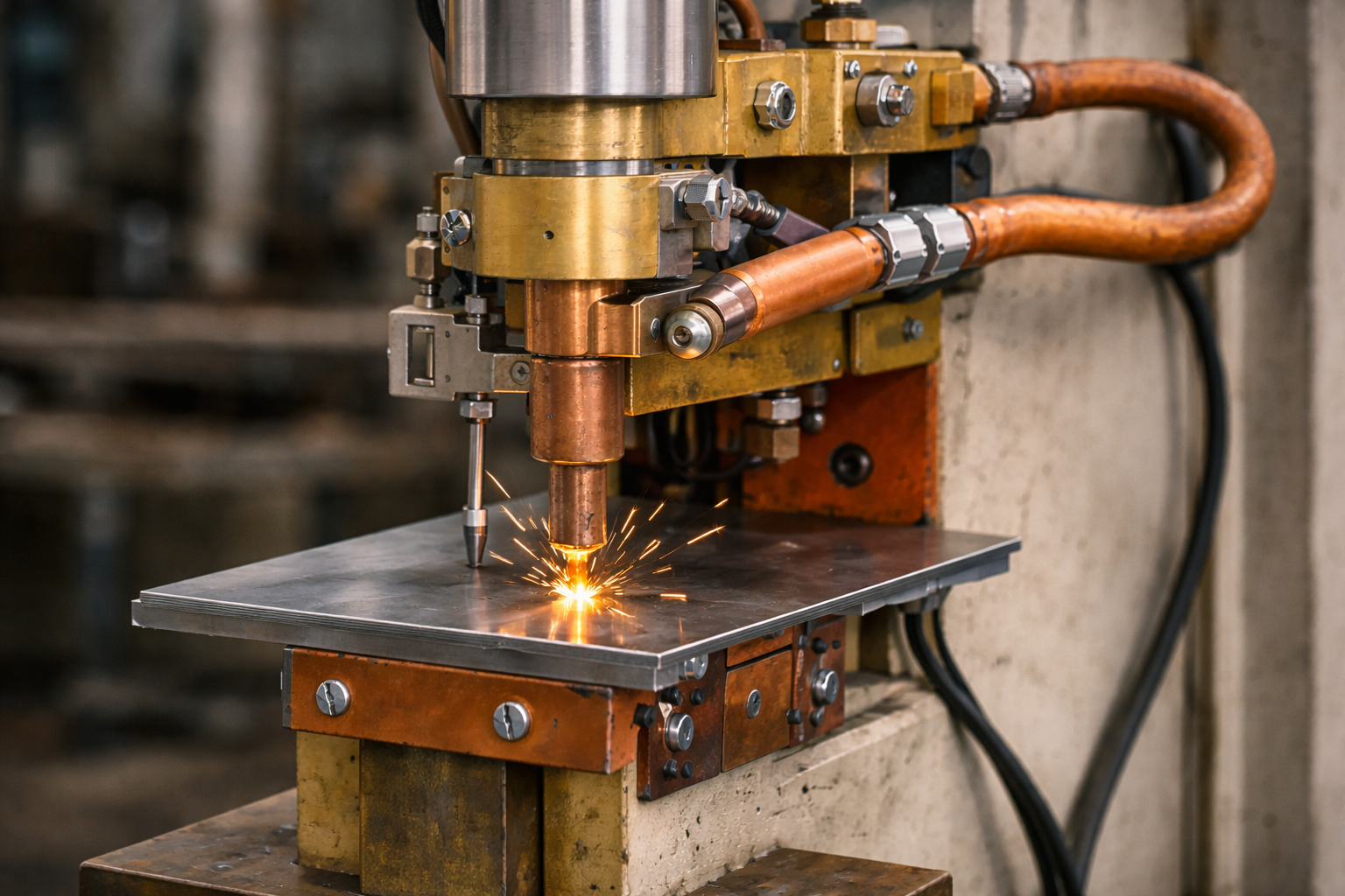 Ponteadeira de solda por resistência em operação, com eletrodo aplicando corrente sobre chapa metálica. Observa-se formação térmica localizada e alinhamento mecânico do conjunto.