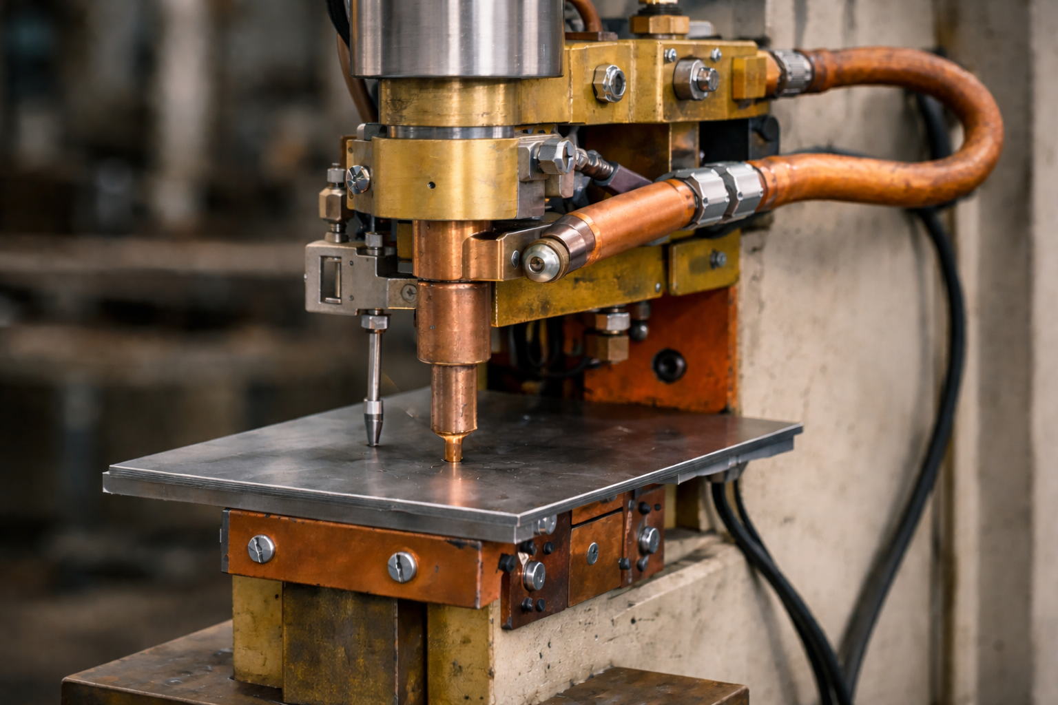 Equipamento em posição estática, sem geração de faíscas, evidenciando geometria do eletrodo, mesa de apoio e configuração técnica da cabeça de solda.