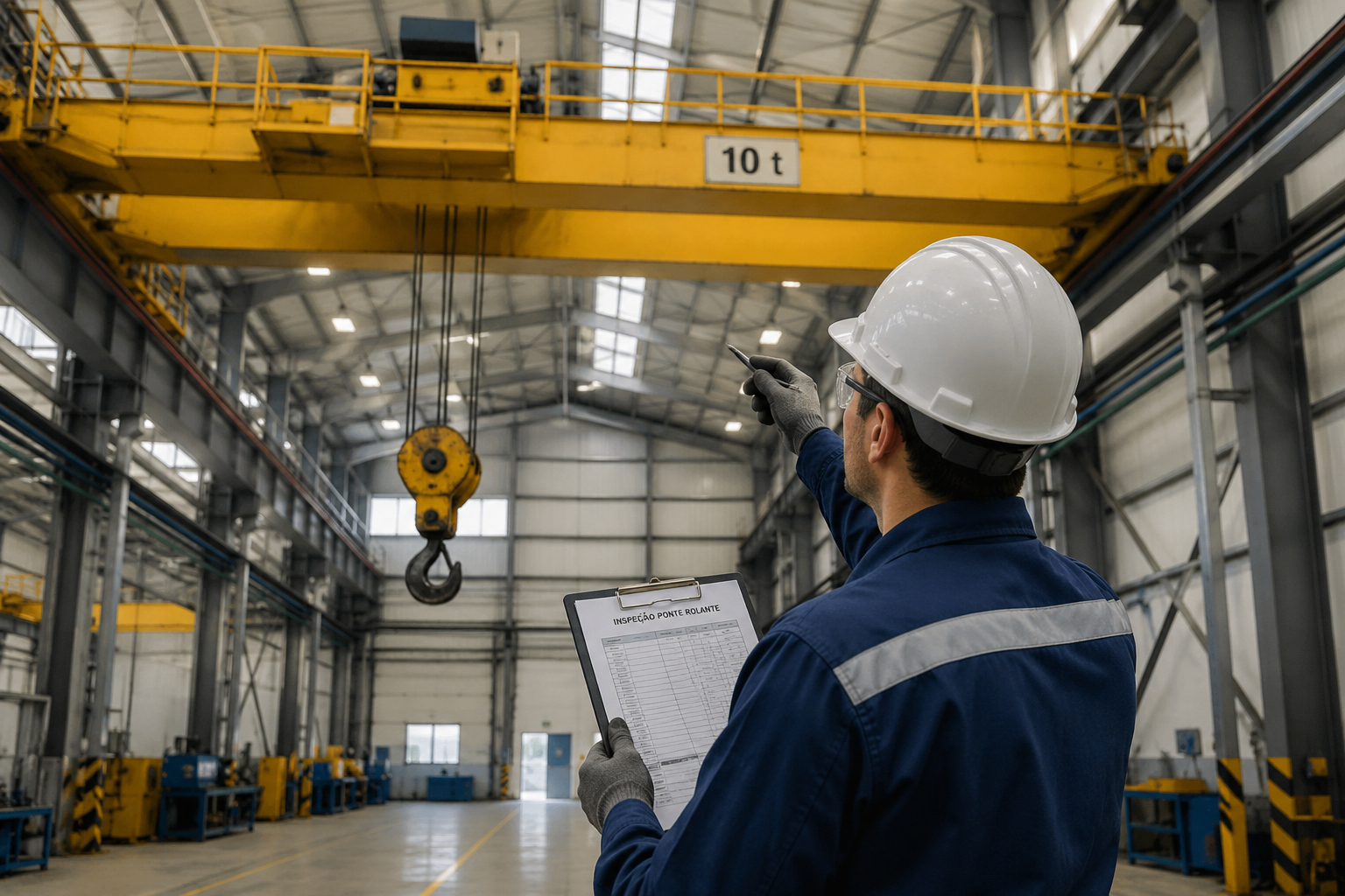 Inspeção técnica em ponte rolante para verificação das condições estruturais, componentes de elevação e conformidade operacional do equipamento.