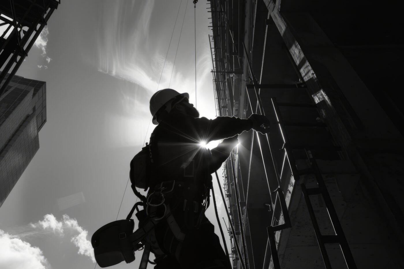 Un trabajador en altura accediendo a una estructura vertical, demostrando un riesgo real de caída y la necesidad de una capacitación práctica de acuerdo con la NR 35, centrada en el anclaje, la inspección visual y el control operacional.