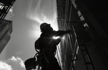 1 Un trabajador en altura accediendo a una estructura vertical, demostrando un riesgo real de caída y la necesidad de una capacitación práctica de acuerdo con la NR 35, centrada en el anclaje, la inspección visual y el control operacional.