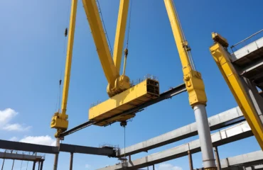 DESTAQUE Ponte rolante industrial em operação estrutural de grande porte, evidenciando alinhamento de viga principal, sistema de translação e ponto de içamento sob controle técnico. Precisão mecânica, estabilidade estrutural e segurança elétrica caminham juntas na movimentação de cargas críticas.