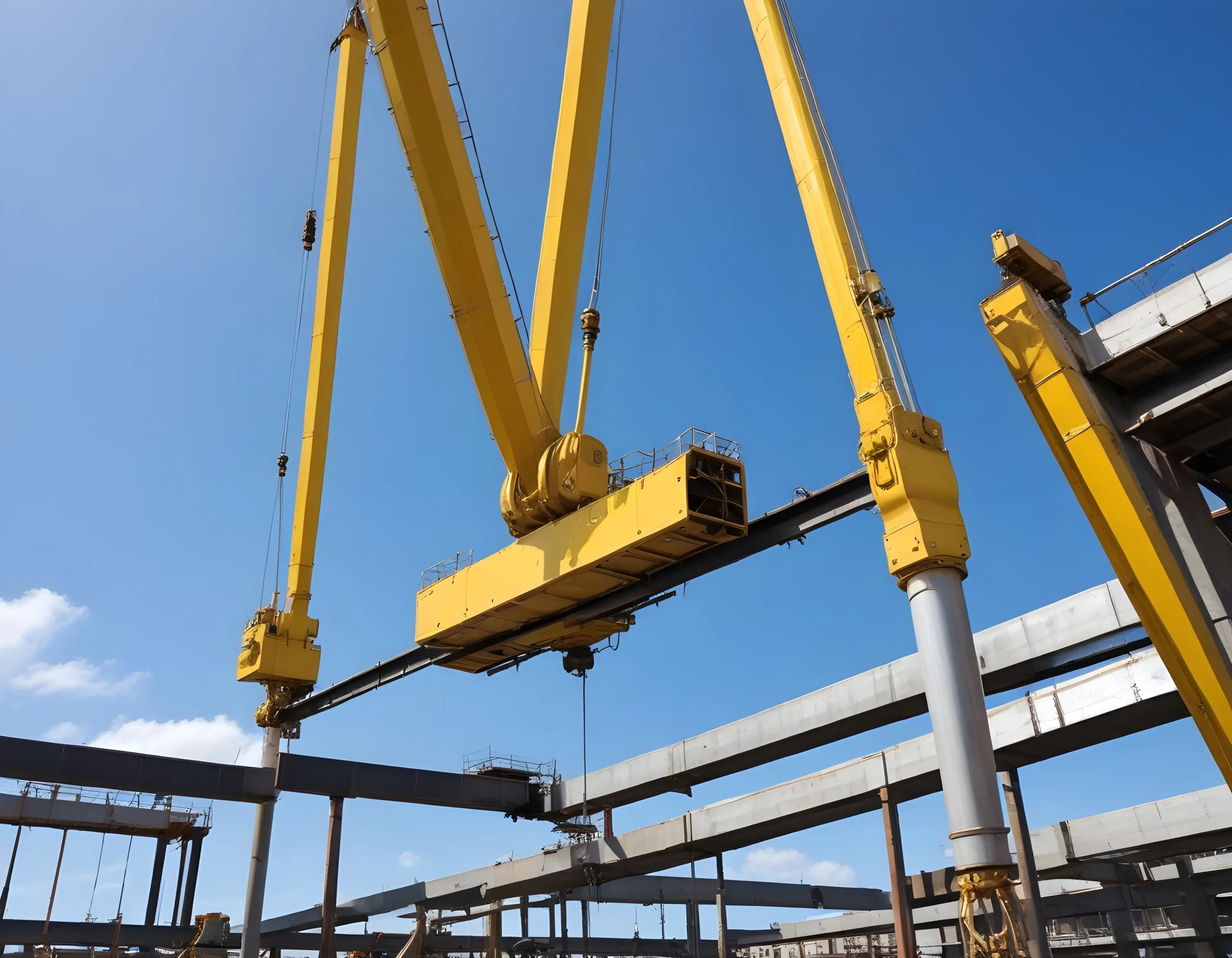 DESTAQUE Ponte rolante industrial em operação estrutural de grande porte, evidenciando alinhamento de viga principal, sistema de translação e ponto de içamento sob controle técnico. Precisão mecânica, estabilidade estrutural e segurança elétrica caminham juntas na movimentação de cargas críticas.